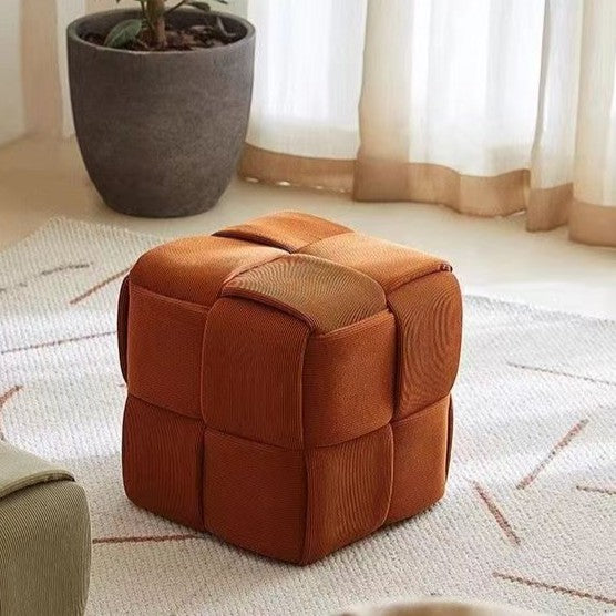 Contemporary Nordic Corduroy Solid Wood Square Cube Low Stool With Anti-Slip Feet For Bedroom &amp; Living Room