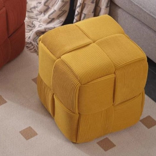 Contemporary Nordic Corduroy Solid Wood Square Cube Low Stool With Anti-Slip Feet For Bedroom &amp; Living Room