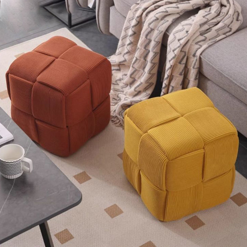 Contemporary Nordic Corduroy Solid Wood Square Cube Low Stool With Anti-Slip Feet For Bedroom &amp; Living Room