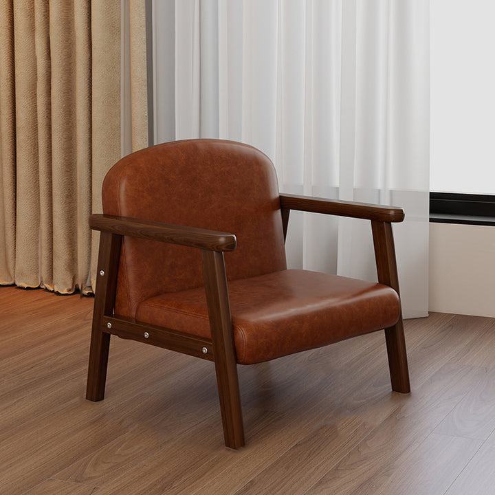 Contemporary Scandinavian Curved Arc Rubberwood Faux Oil-Wax Leather Flannelette Kids Accent Chair Backrest Armrest For Bedroom