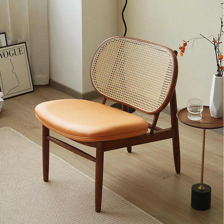 Traditional Rustic Arc Ash Wood Microfiber Leather Faux Rattan Weaving Accent Chair Backrest Armless For Living Room & Bedroom