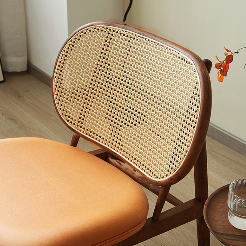 Tradicional Rústica Arco de Madera de Fresno Microfibra Cuero Sintético Ratán Falso Tejido Silla de Acento Respaldo Sin Brazos Para Sala de Estar y Dormitorio 