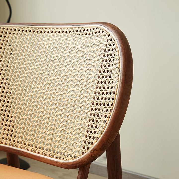 Tradicional Rústica Arco de Madera de Fresno Microfibra Cuero Sintético Ratán Falso Tejido Silla de Acento Respaldo Sin Brazos Para Sala de Estar y Dormitorio 