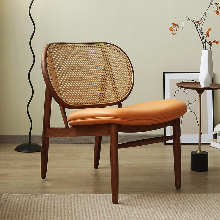 Traditional Rustic Arc Ash Wood Microfiber Leather Faux Rattan Weaving Accent Chair Backrest Armless For Living Room & Bedroom