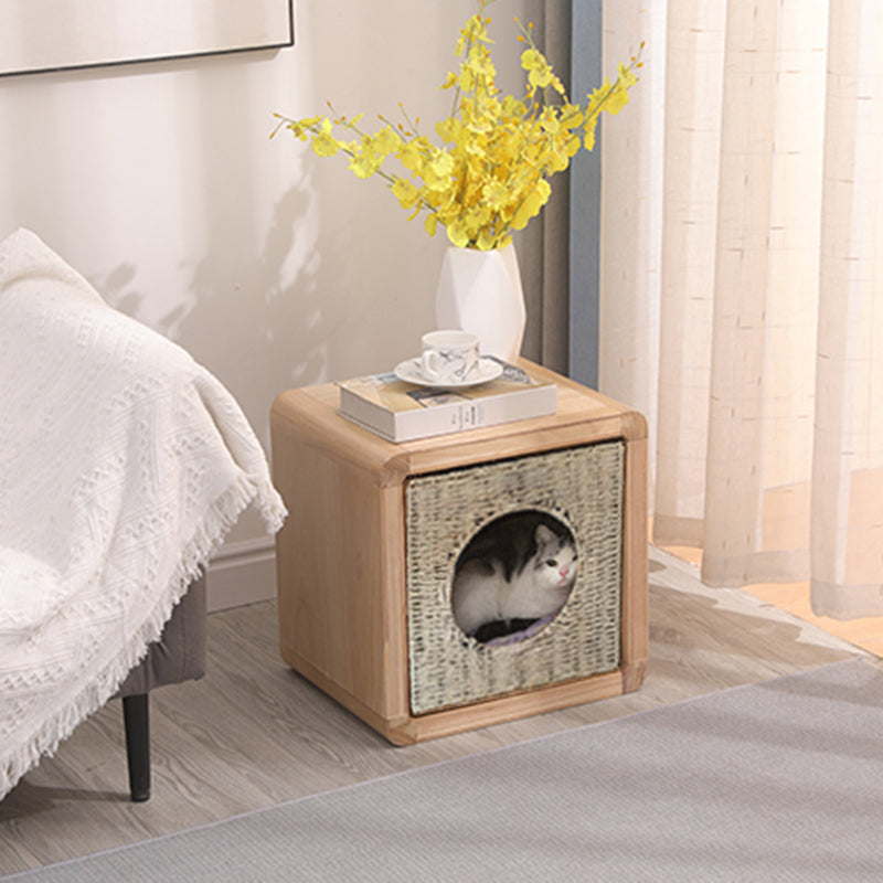 Lit carré traditionnel en bois massif de paulownia pour chat, à 1 niveau, pour salon et chambre à coucher 