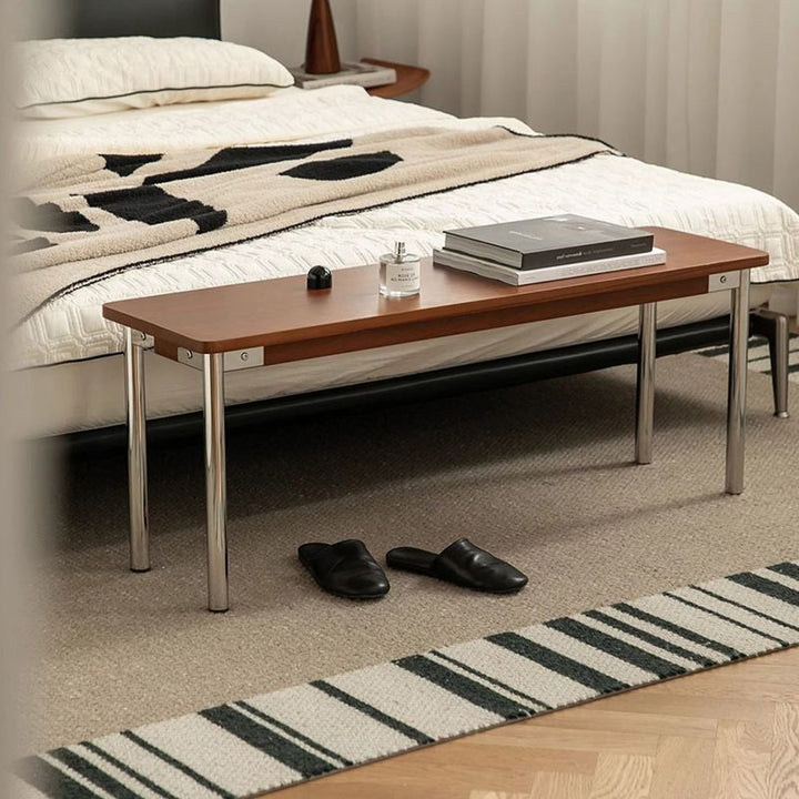 Traditional Vintage Rectangular Rubberwood Stainless Steel Bench Backless Armless For Hallway &amp; Entryway