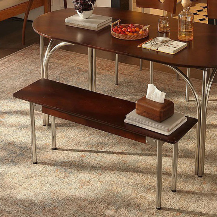 Traditional Vintage Rectangular Rubberwood Stainless Steel Bench Backless Armless For Hallway &amp; Entryway