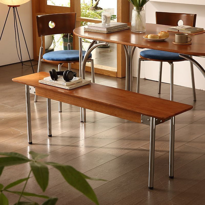 Traditional Vintage Rectangular Rubberwood Stainless Steel Bench Backless Armless For Hallway &amp; Entryway