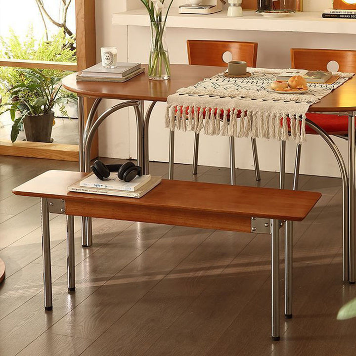 Traditional Vintage Rectangular Rubberwood Stainless Steel Bench Backless Armless For Hallway &amp; Entryway