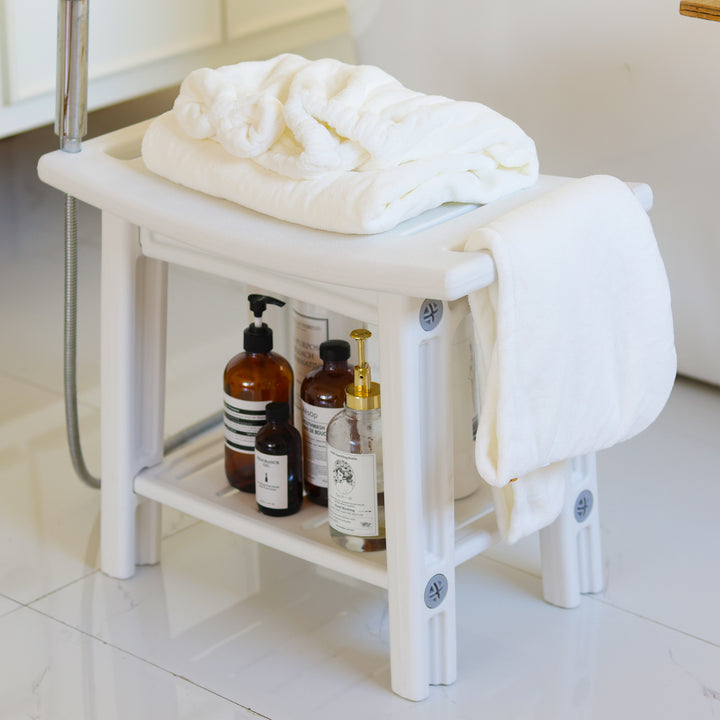 Petit tabouret bas sans dossier ni accoudoirs en plastique HDPE imperméable, rectangulaire incurvé, moderne et minimaliste, pour salle de bain 