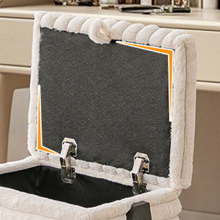 Contemporary Nordic Rectangular Faux Rabbit Fur Wood Steel Flip-Top Hidden Storage Vanity Stool For Bedroom