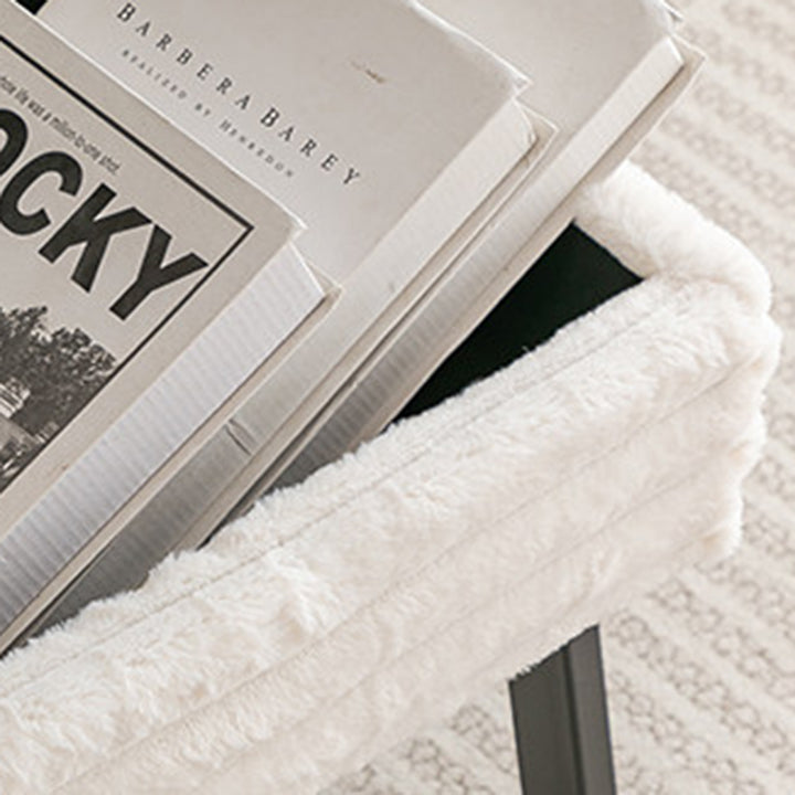 Contemporary Nordic Rectangular Faux Rabbit Fur Wood Steel Flip-Top Hidden Storage Vanity Stool For Bedroom