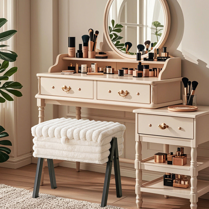Contemporary Nordic Rectangular Faux Rabbit Fur Wood Steel Flip-Top Hidden Storage Vanity Stool For Bedroom