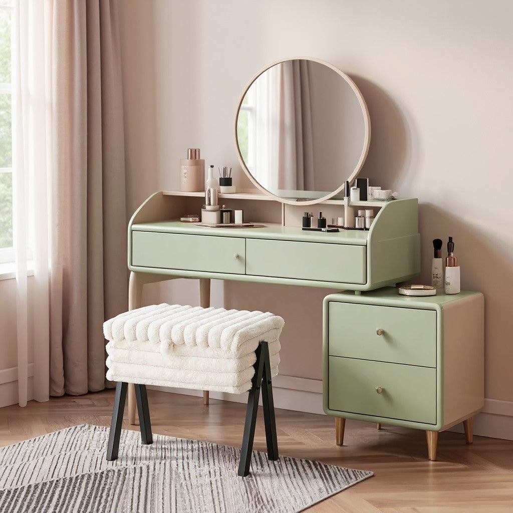 Contemporary Nordic Rectangular Faux Rabbit Fur Wood Steel Flip-Top Hidden Storage Vanity Stool For Bedroom