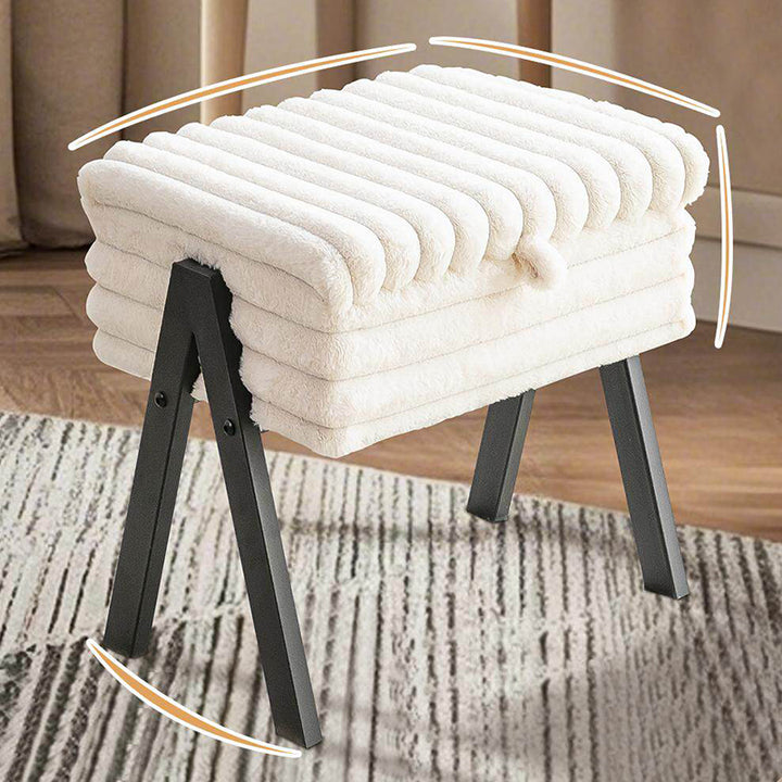 Contemporary Nordic Rectangular Faux Rabbit Fur Wood Steel Flip-Top Hidden Storage Vanity Stool For Bedroom