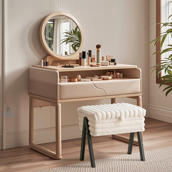 Contemporary Nordic Rectangular Faux Rabbit Fur Wood Steel Flip-Top Hidden Storage Vanity Stool For Bedroom