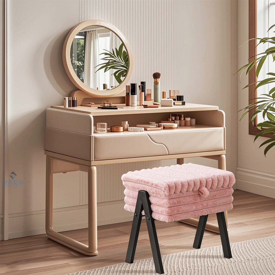 Contemporary Nordic Rectangular Faux Rabbit Fur Wood Steel Flip-Top Hidden Storage Vanity Stool For Bedroom