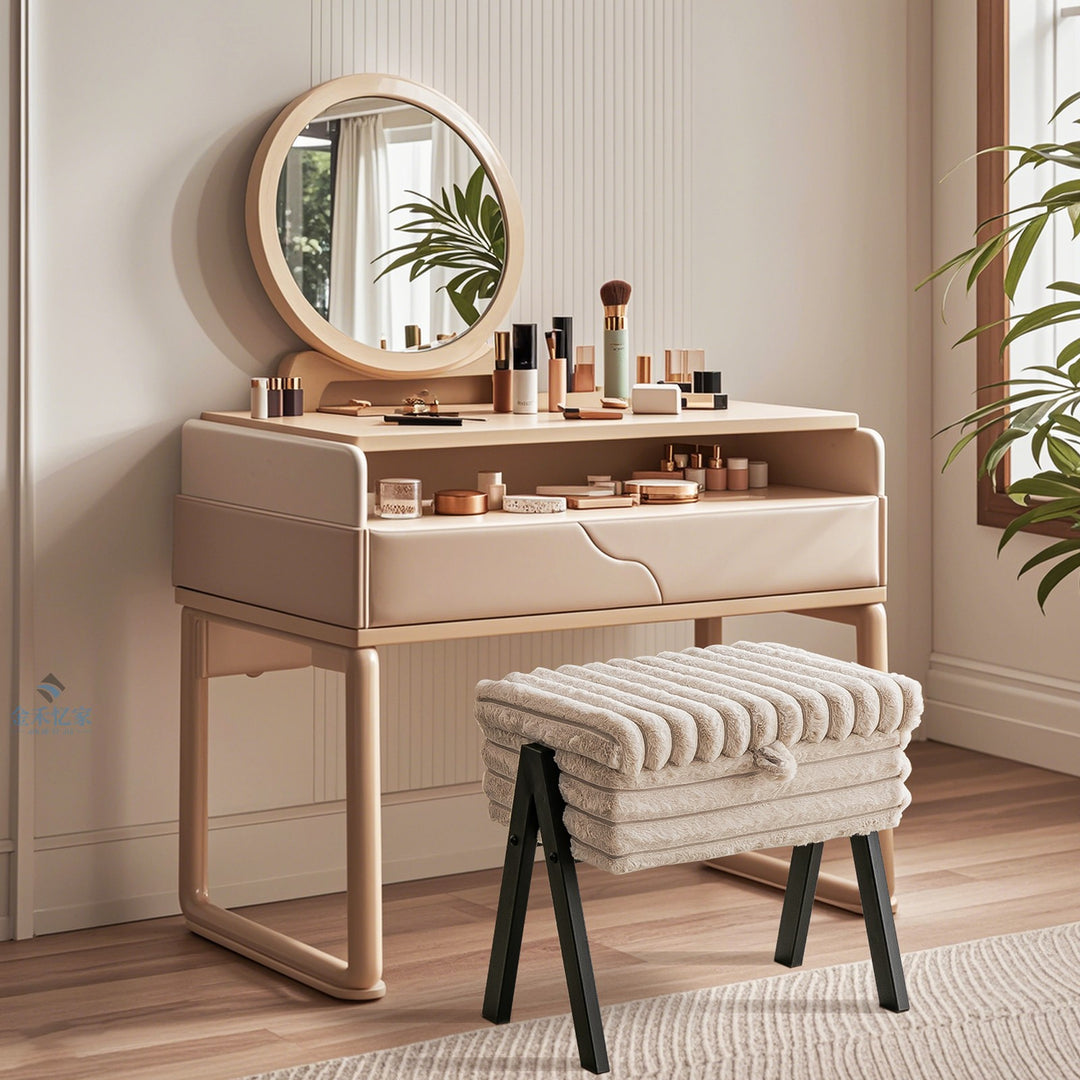 Contemporary Nordic Rectangular Faux Rabbit Fur Wood Steel Flip-Top Hidden Storage Vanity Stool For Bedroom