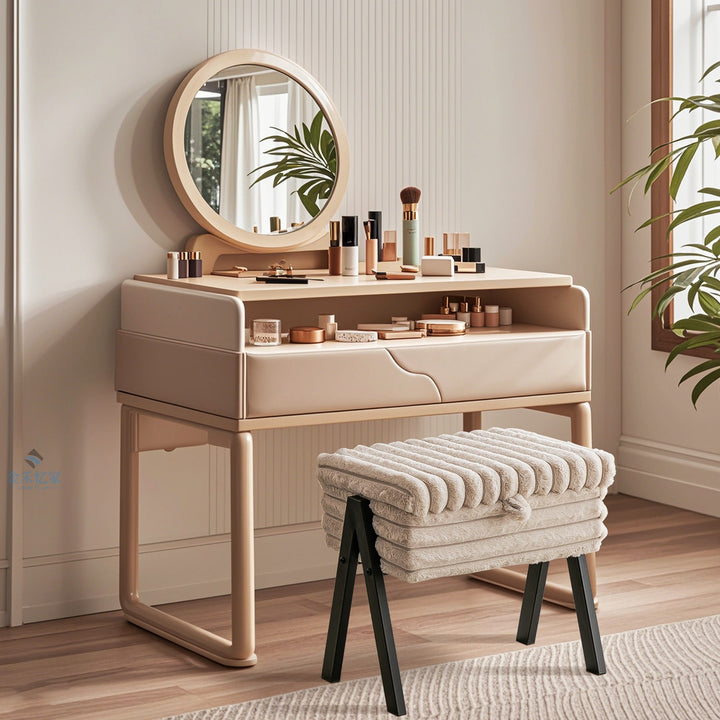 Contemporary Nordic Rectangular Faux Rabbit Fur Wood Steel Flip-Top Hidden Storage Vanity Stool For Bedroom