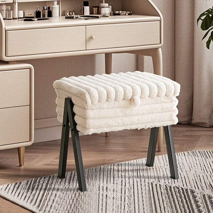 Contemporary Nordic Rectangular Faux Rabbit Fur Wood Steel Flip-Top Hidden Storage Vanity Stool For Bedroom