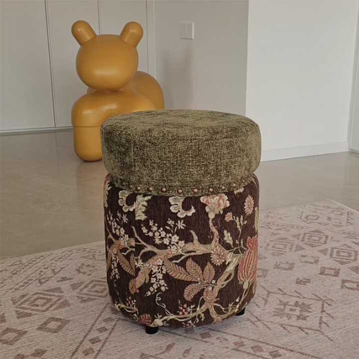 Traditioneller europäischer Hocker aus Massivholz mit Chenille-Polsterung und Gummibasis, zylindrisch, ohne Rückenlehne und Armlehnen für das Schlafzimmer 