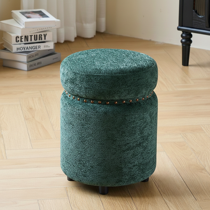 Traditioneller europäischer Hocker aus Massivholz mit Chenille-Polsterung und Gummibasis, zylindrisch, ohne Rückenlehne und Armlehnen für das Schlafzimmer 