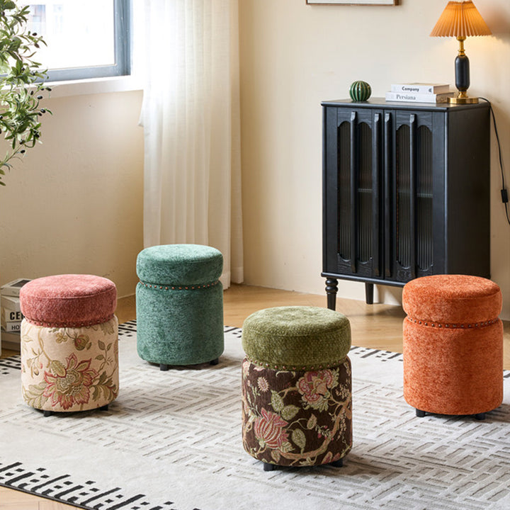 Traditioneller europäischer Hocker aus Massivholz mit Chenille-Polsterung und Gummibasis, zylindrisch, ohne Rückenlehne und Armlehnen für das Schlafzimmer 