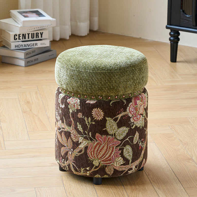 Traditioneller europäischer Hocker aus Massivholz mit Chenille-Polsterung und Gummibasis, zylindrisch, ohne Rückenlehne und Armlehnen für das Schlafzimmer 