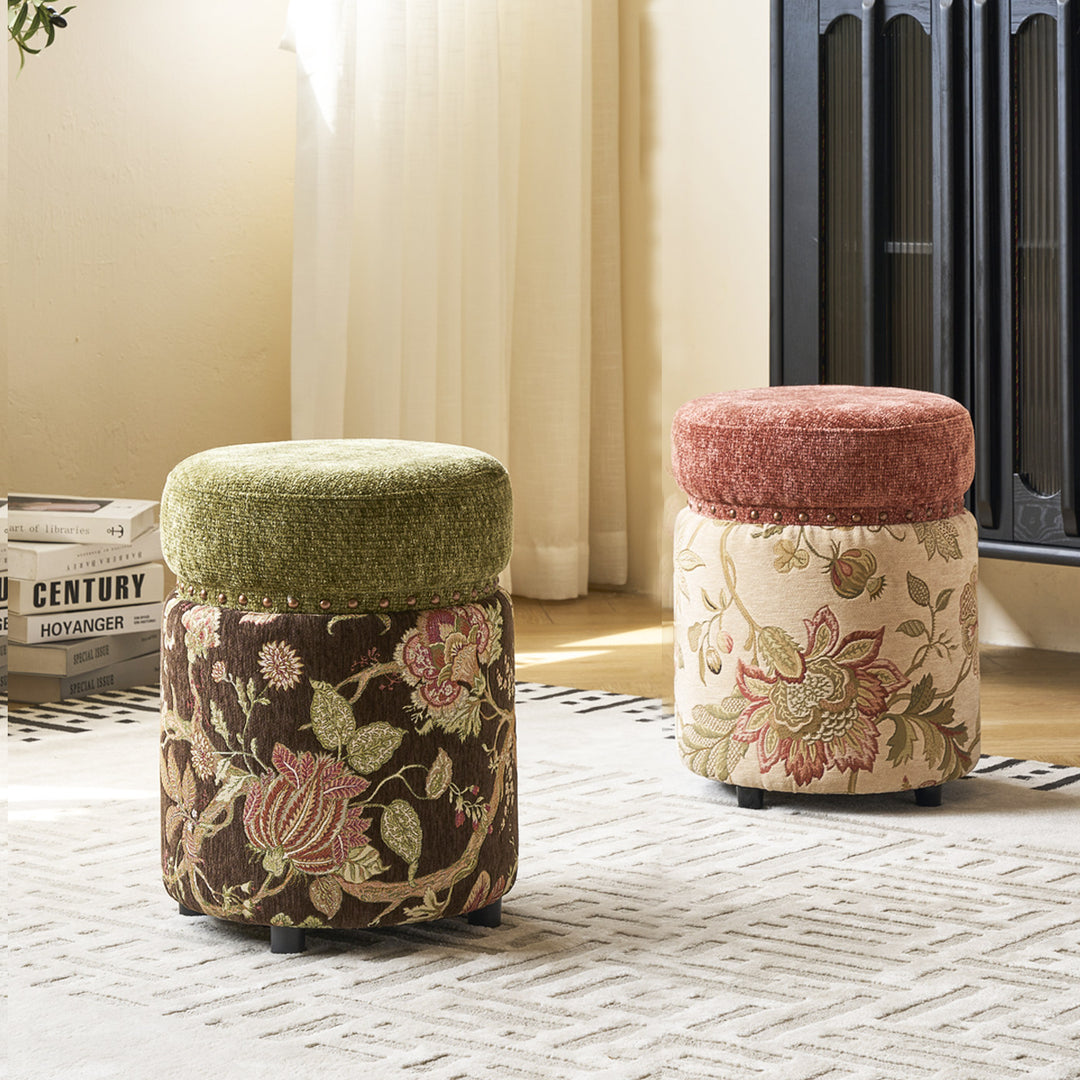 Traditioneller europäischer Hocker aus Massivholz mit Chenille-Polsterung und Gummibasis, zylindrisch, ohne Rückenlehne und Armlehnen für das Schlafzimmer 