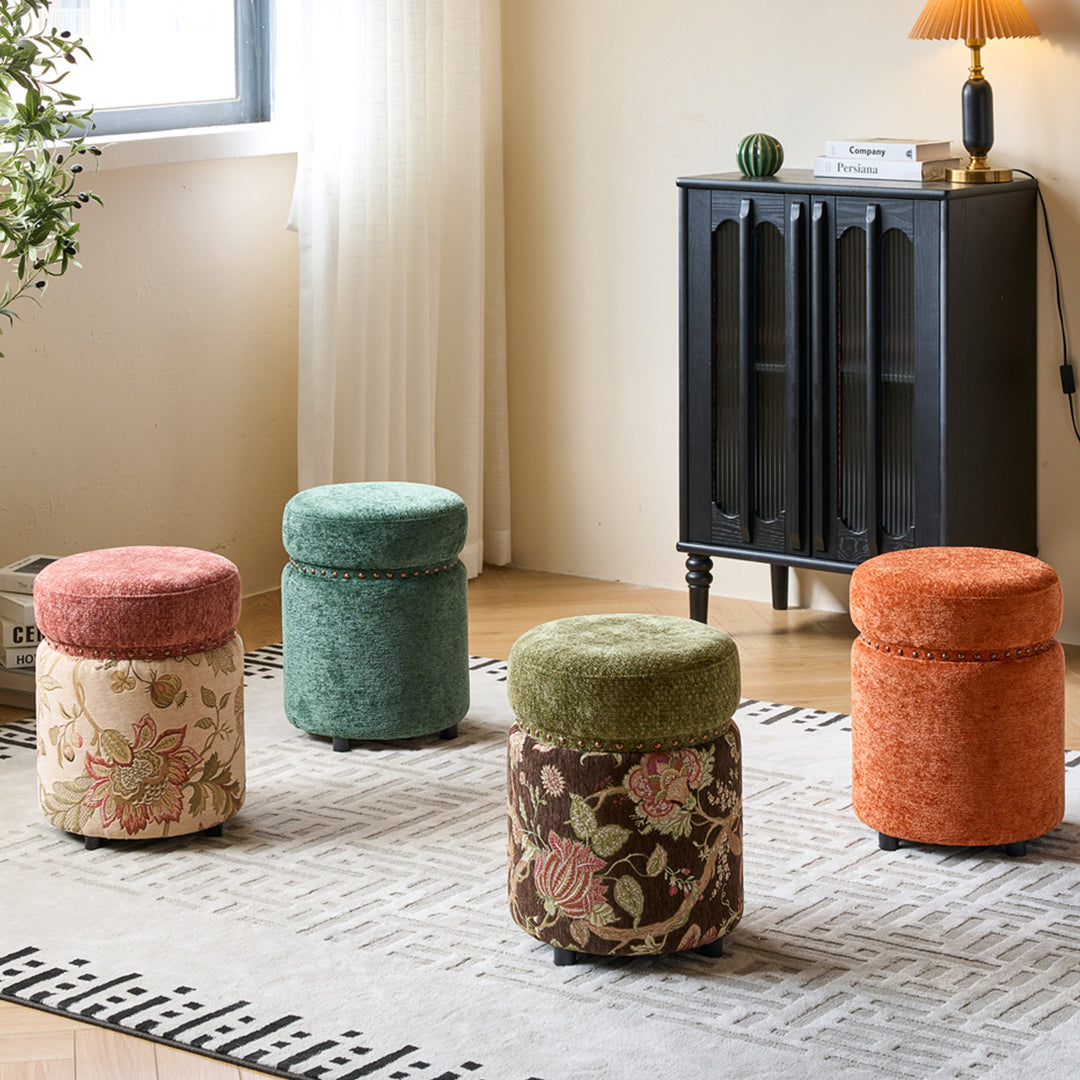 Traditioneller europäischer Hocker aus Massivholz mit Chenille-Polsterung und Gummibasis, zylindrisch, ohne Rückenlehne und Armlehnen für das Schlafzimmer 