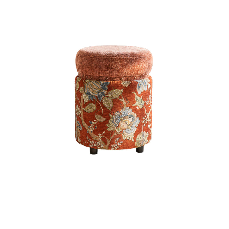 Traditioneller europäischer Hocker aus Massivholz mit Chenille-Polsterung und Gummibasis, zylindrisch, ohne Rückenlehne und Armlehnen für das Schlafzimmer 