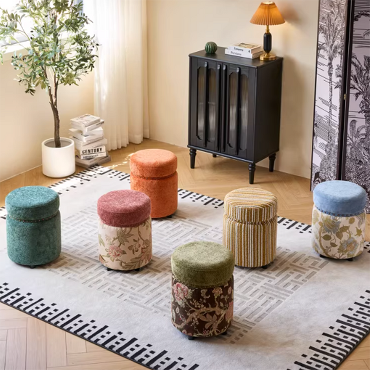 Traditioneller europäischer Hocker aus Massivholz mit Chenille-Polsterung und Gummibasis, zylindrisch, ohne Rückenlehne und Armlehnen für das Schlafzimmer 
