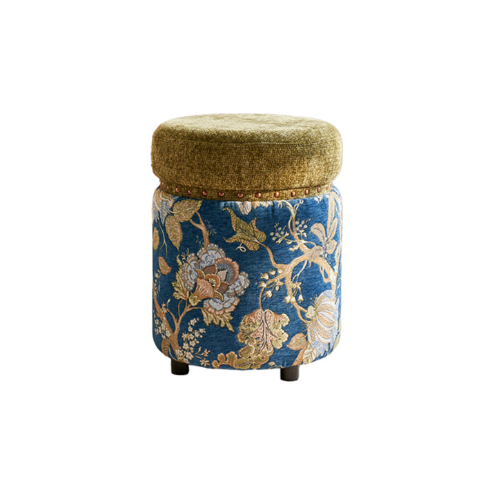 Traditioneller europäischer Hocker aus Massivholz mit Chenille-Polsterung und Gummibasis, zylindrisch, ohne Rückenlehne und Armlehnen für das Schlafzimmer 
