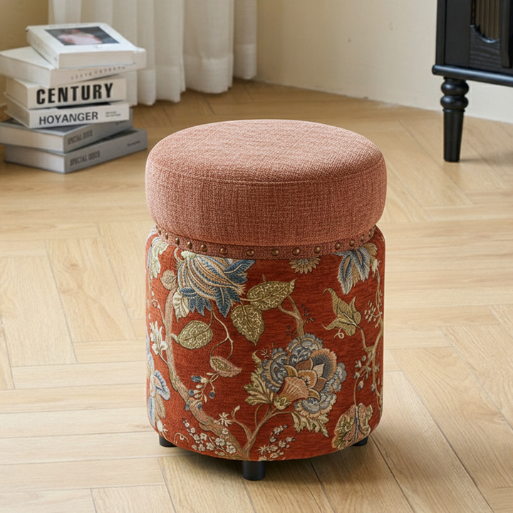 Traditioneller europäischer Hocker aus Massivholz mit Chenille-Polsterung und Gummibasis, zylindrisch, ohne Rückenlehne und Armlehnen für das Schlafzimmer 