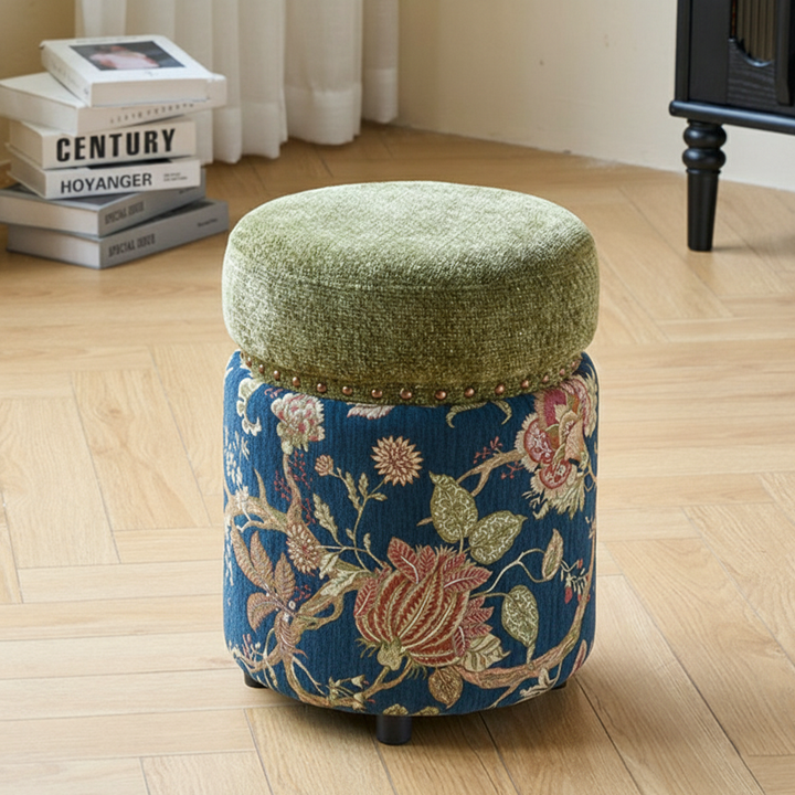 Traditioneller europäischer Hocker aus Massivholz mit Chenille-Polsterung und Gummibasis, zylindrisch, ohne Rückenlehne und Armlehnen für das Schlafzimmer 
