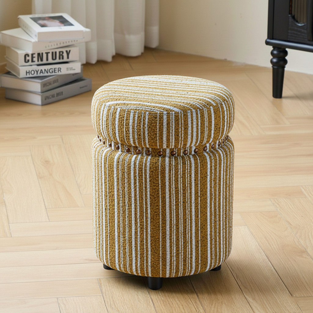 Traditioneller europäischer Hocker aus Massivholz mit Chenille-Polsterung und Gummibasis, zylindrisch, ohne Rückenlehne und Armlehnen für das Schlafzimmer 