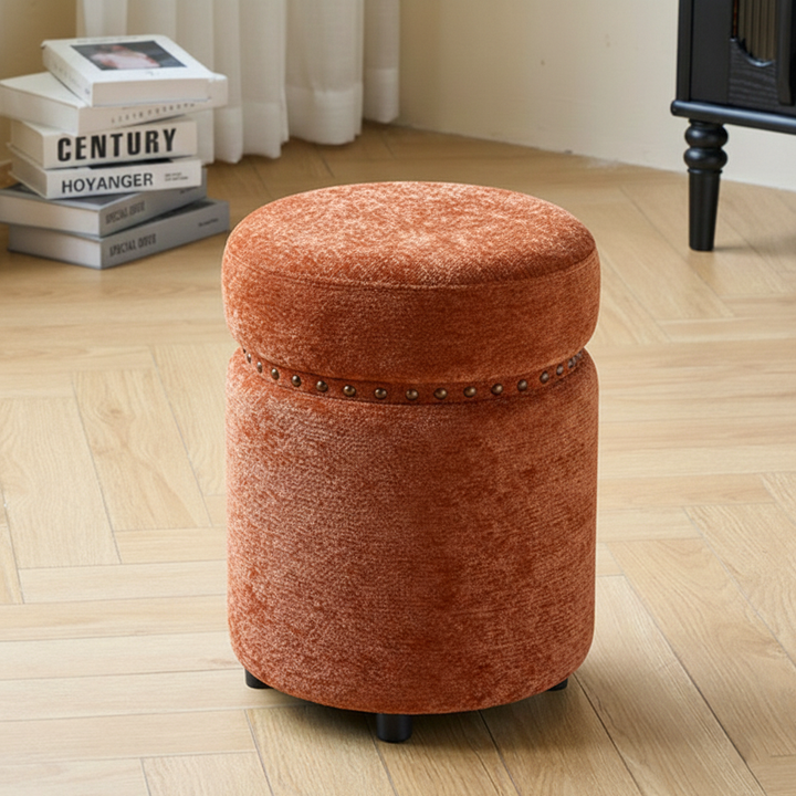 Traditioneller europäischer Hocker aus Massivholz mit Chenille-Polsterung und Gummibasis, zylindrisch, ohne Rückenlehne und Armlehnen für das Schlafzimmer 