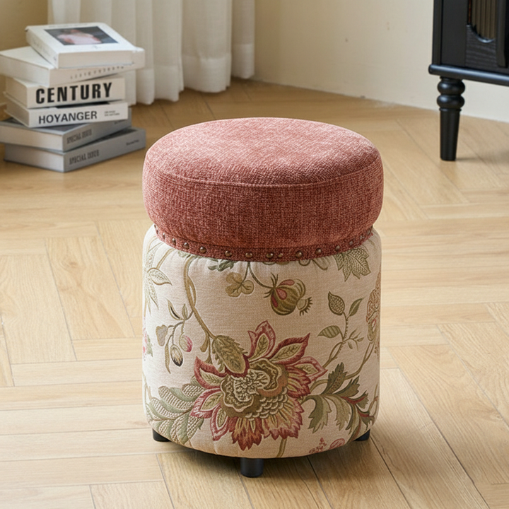 Traditioneller europäischer Hocker aus Massivholz mit Chenille-Polsterung und Gummibasis, zylindrisch, ohne Rückenlehne und Armlehnen für das Schlafzimmer 
