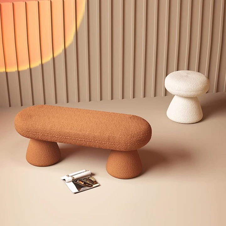 Modern Minimalist Oval Sherpa Solid Wood Sherpa Fabric Upholstered Bench Backless Armless For Entryway &amp; Hallway