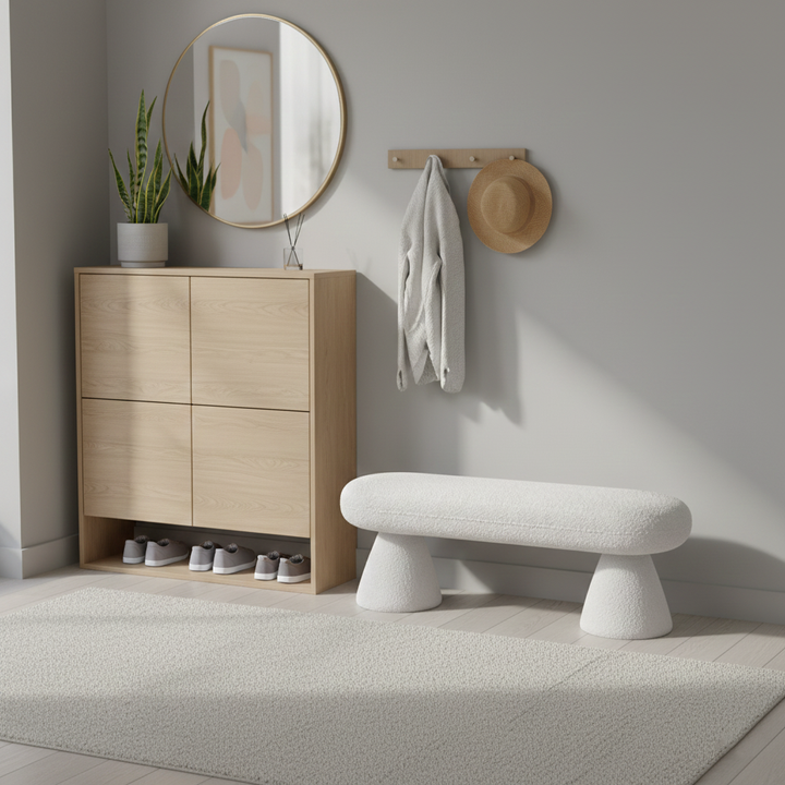 Modern Minimalist Oval Sherpa Solid Wood Sherpa Fabric Upholstered Bench Backless Armless For Entryway &amp; Hallway