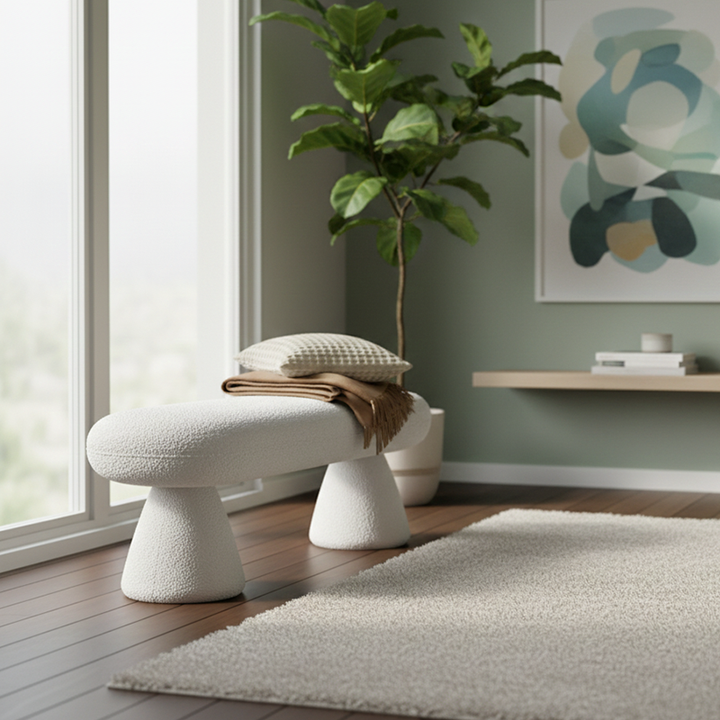 Modern Minimalist Oval Sherpa Solid Wood Sherpa Fabric Upholstered Bench Backless Armless For Entryway &amp; Hallway