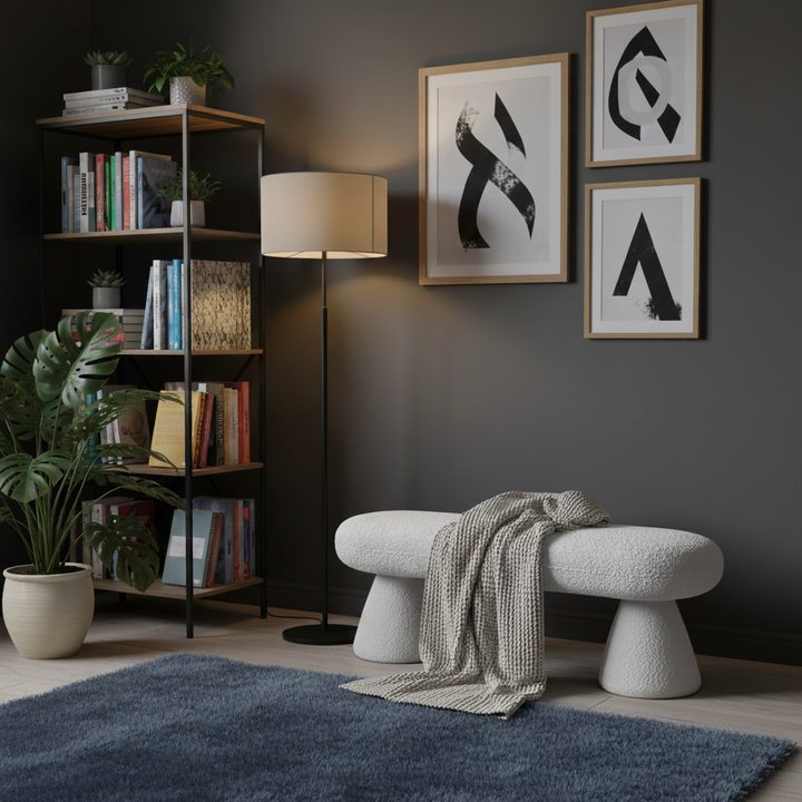 Modern Minimalist Oval Sherpa Solid Wood Sherpa Fabric Upholstered Bench Backless Armless For Entryway &amp; Hallway