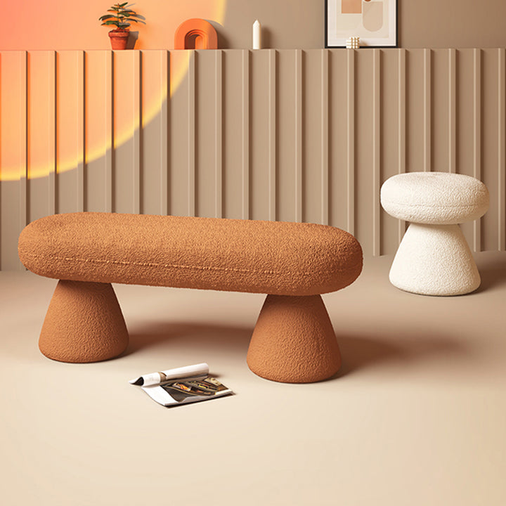 Modern Minimalist Oval Sherpa Solid Wood Sherpa Fabric Upholstered Bench Backless Armless For Entryway &amp; Hallway