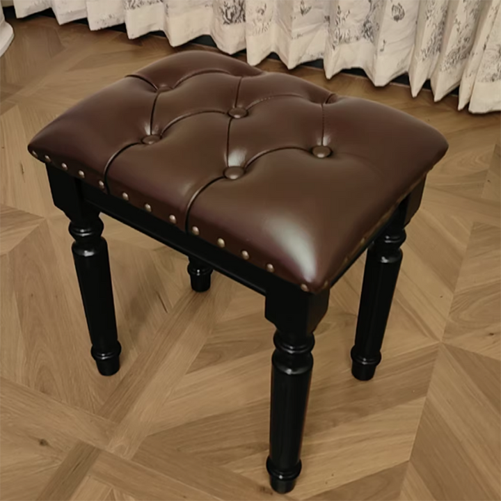 Traditional European Rectangular Ash Wood Fabric Faux Leather Sponge Vanity Stool Backless Armless For Bedroom