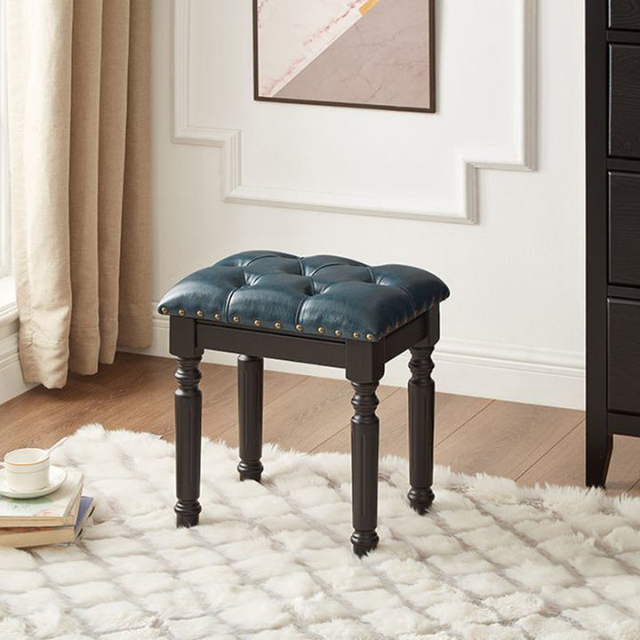 Traditional European Rectangular Ash Wood Fabric Faux Leather Sponge Vanity Stool Backless Armless For Bedroom