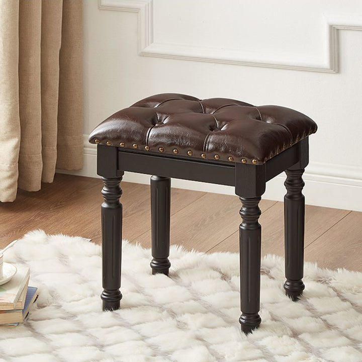 Traditional European Rectangular Ash Wood Fabric Faux Leather Sponge Vanity Stool Backless Armless For Bedroom