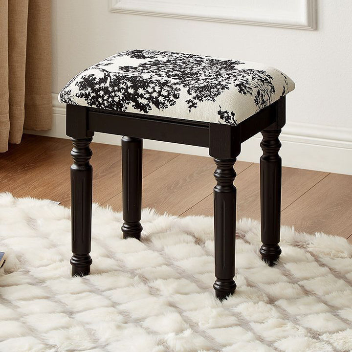 Traditional European Rectangular Ash Wood Fabric Faux Leather Sponge Vanity Stool Backless Armless For Bedroom