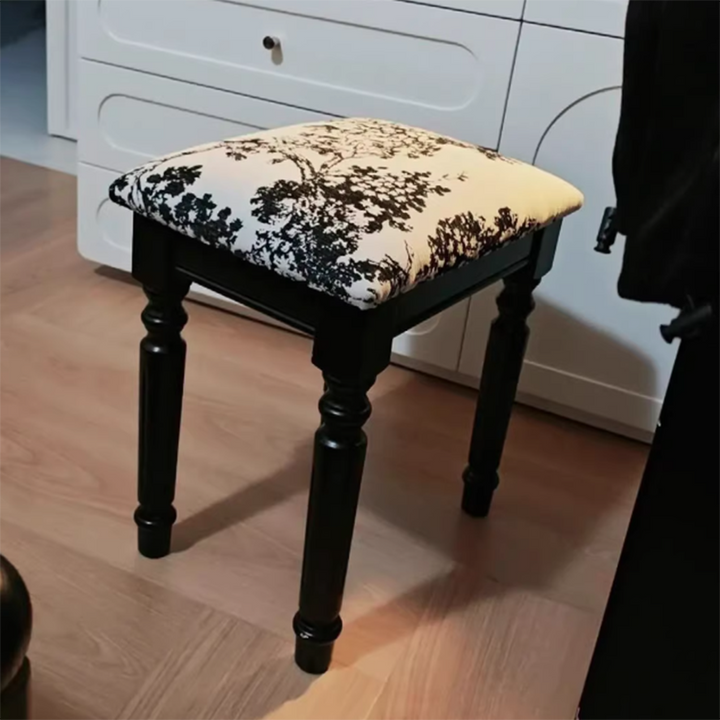 Traditional European Rectangular Ash Wood Fabric Faux Leather Sponge Vanity Stool Backless Armless For Bedroom