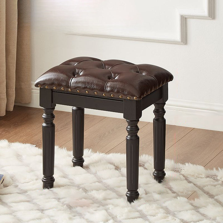 Traditional European Rectangular Ash Wood Fabric Faux Leather Sponge Vanity Stool Backless Armless For Bedroom