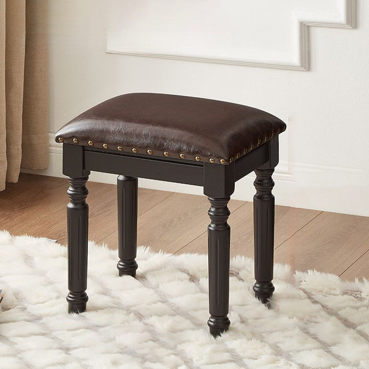 Traditional European Rectangular Ash Wood Fabric Faux Leather Sponge Vanity Stool Backless Armless For Bedroom